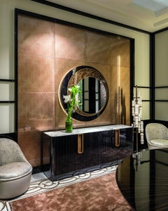 Specchio con cornice in legno massiccio lucidato, finitura bronzo, inserto decorativo