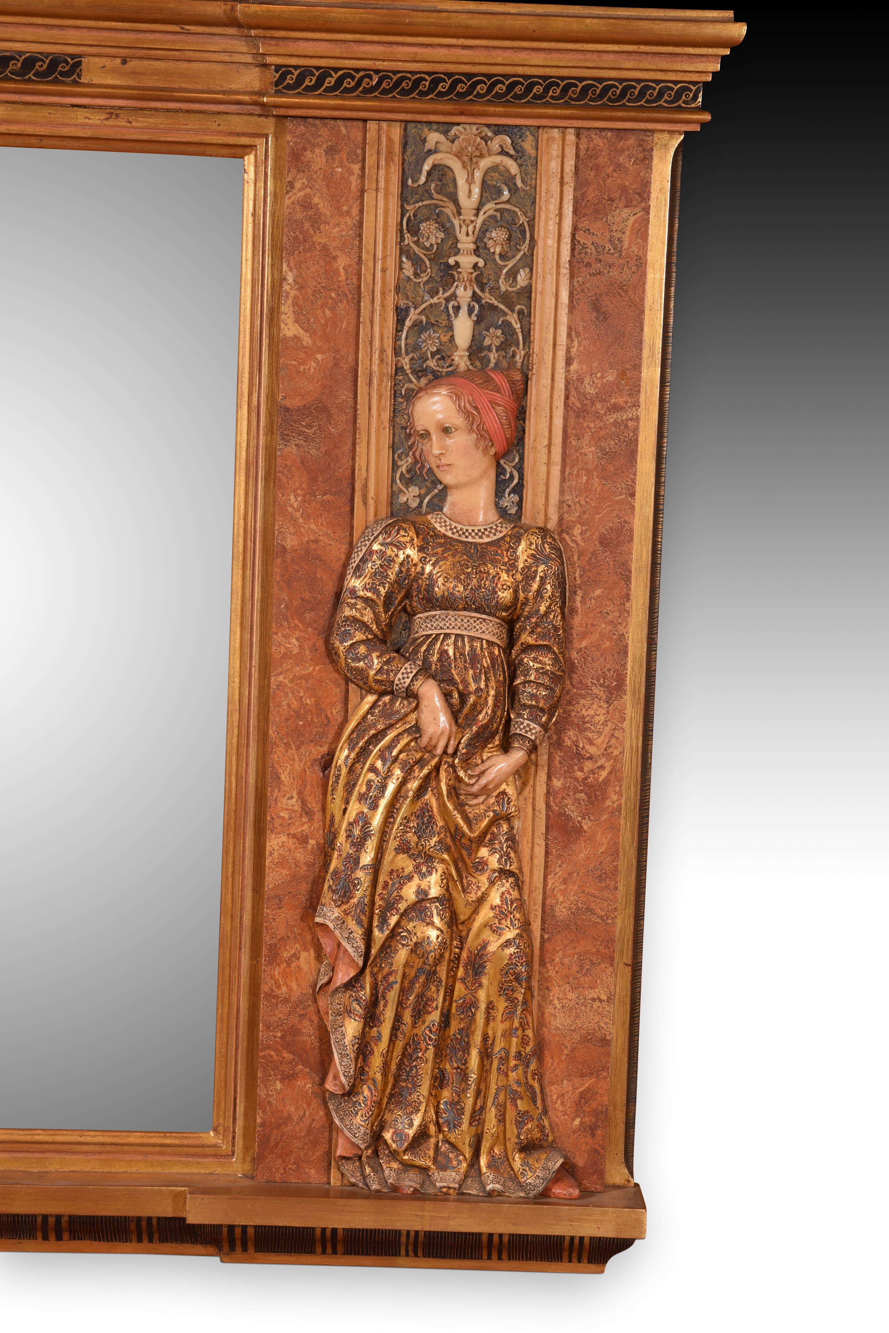 Spanish Mirror with reliefs. Modeled alabaster. 20th century, after MANTEGNA. For Sale