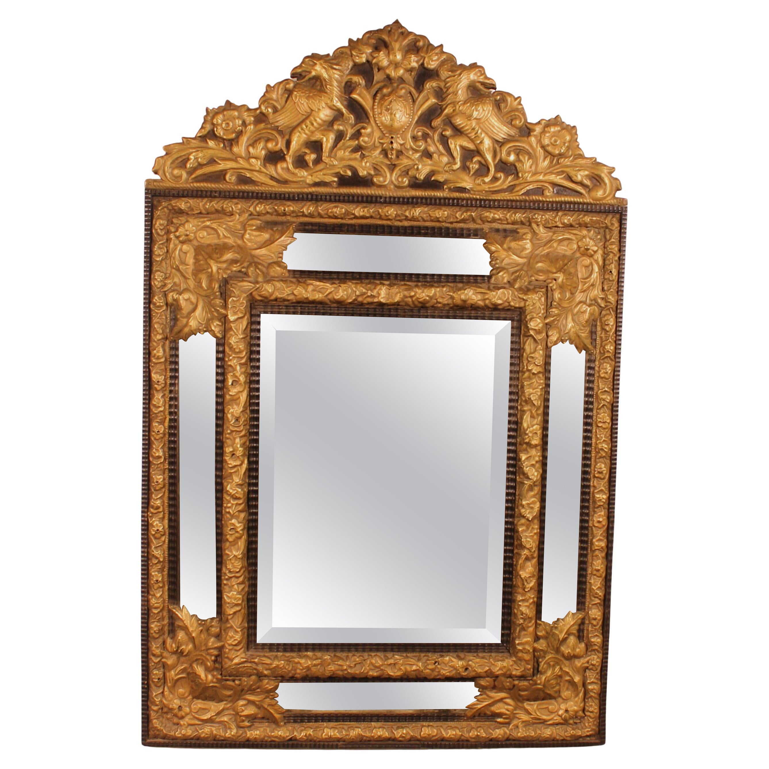 Espejo Con Decoración De Cobre Esculpido Y Madera De Ébano - Principios Del Siglo XIX en venta