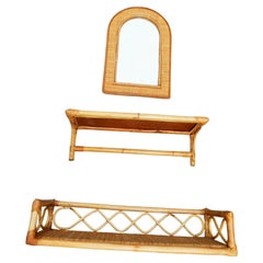 Mirror with two bamboo rattan shelves