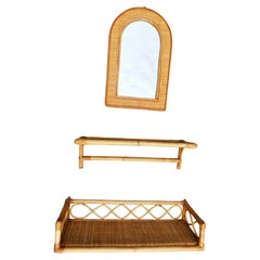 Mirror with two bamboo rattan shelves