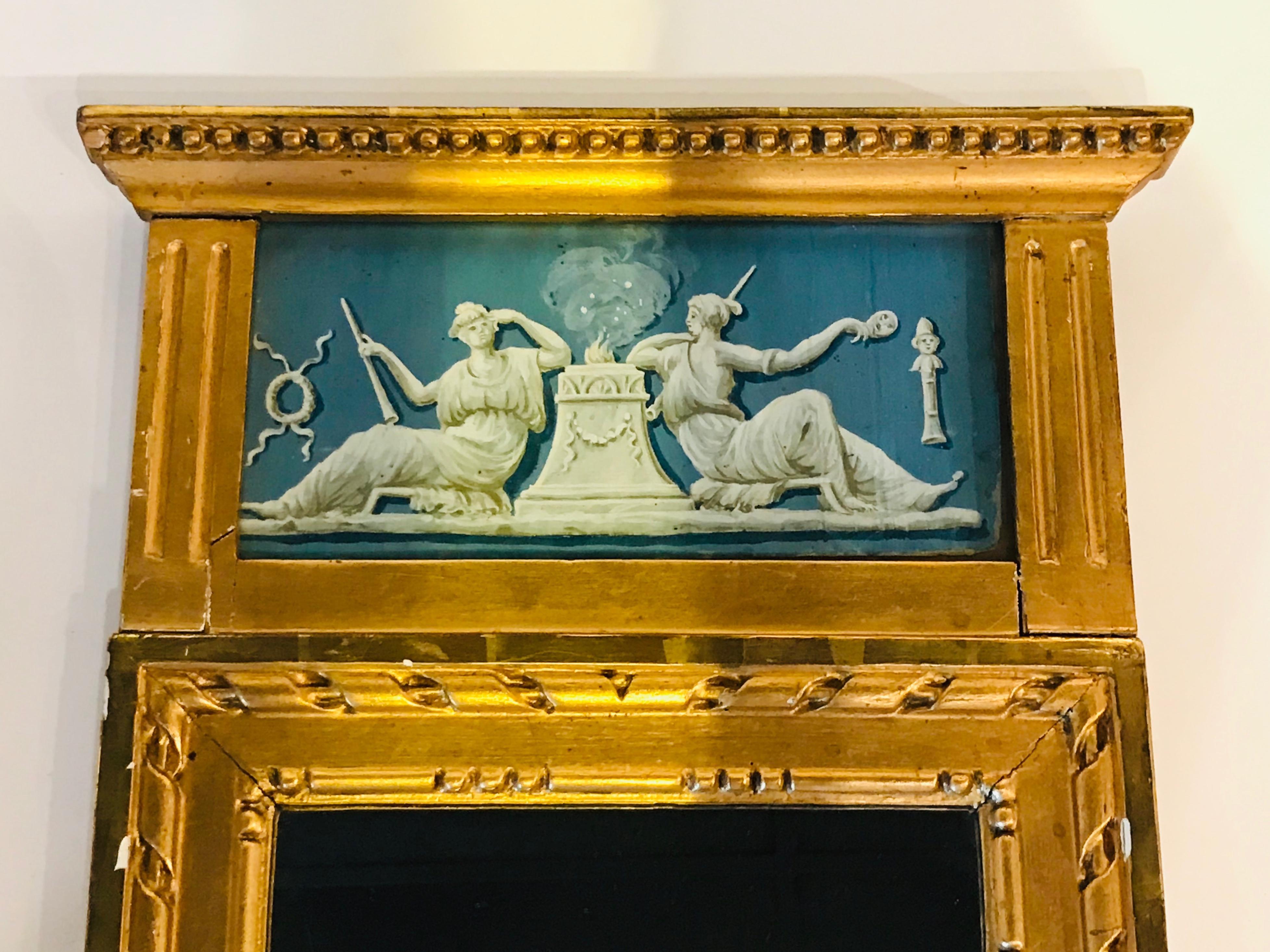 Spiegel mit vergoldetem Holz und blauer Dekoration (19. Jahrhundert) im Angebot