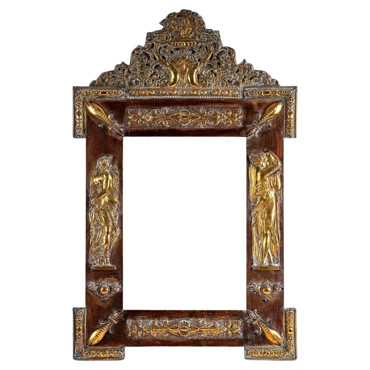 Mirror Wood and Repoussé Brass, Louis XIV Style, Period: Second Half 19th For Sale