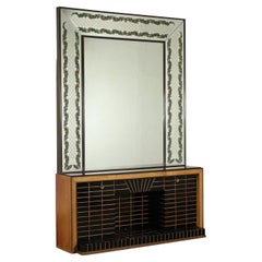 Retro Mirror Wood Mirror Opaline Glass, Italy, 1940s-1950s