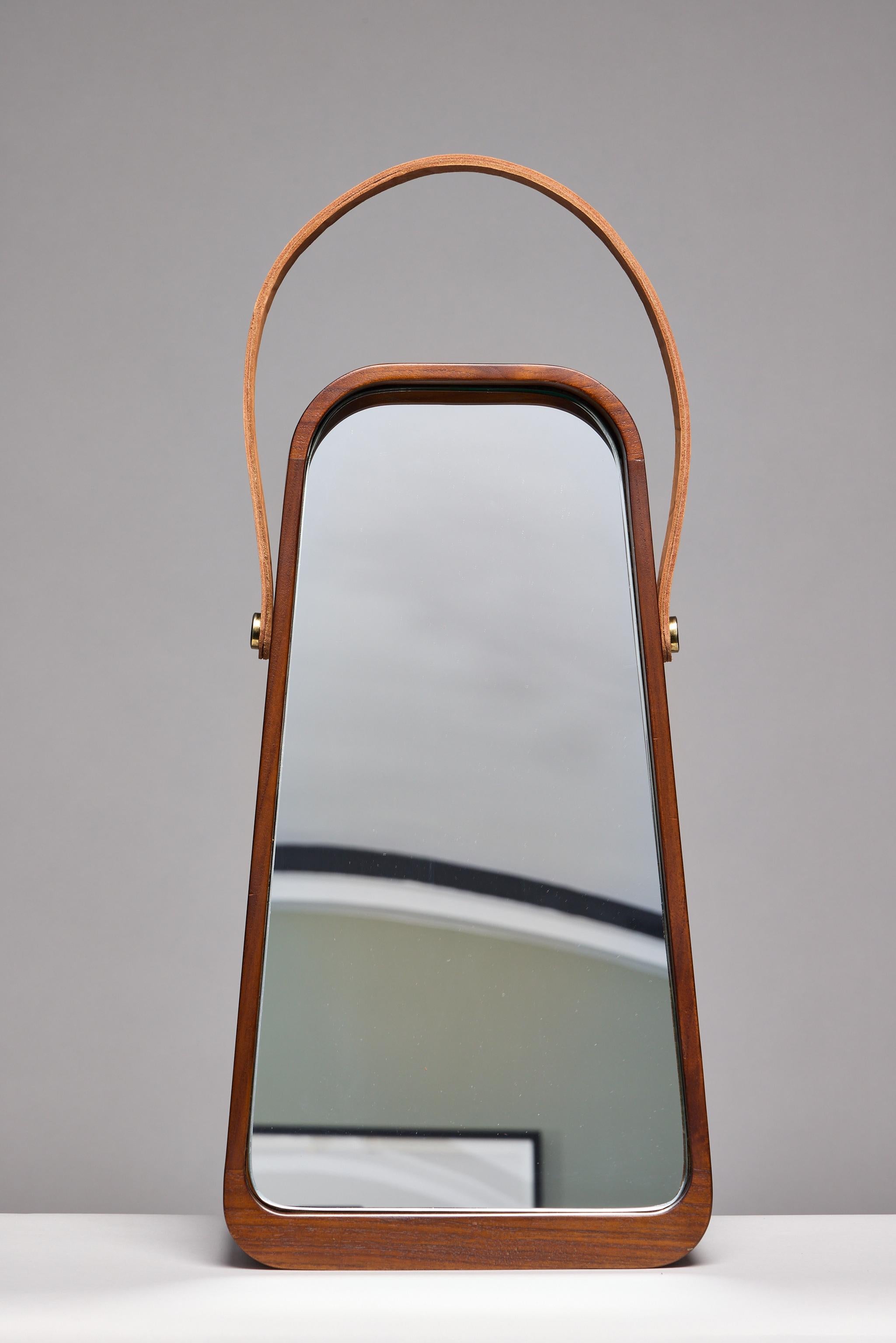 Contemporary Mirror ZAZIE by Reda Amalou Design - Teakwood and Leather For Sale