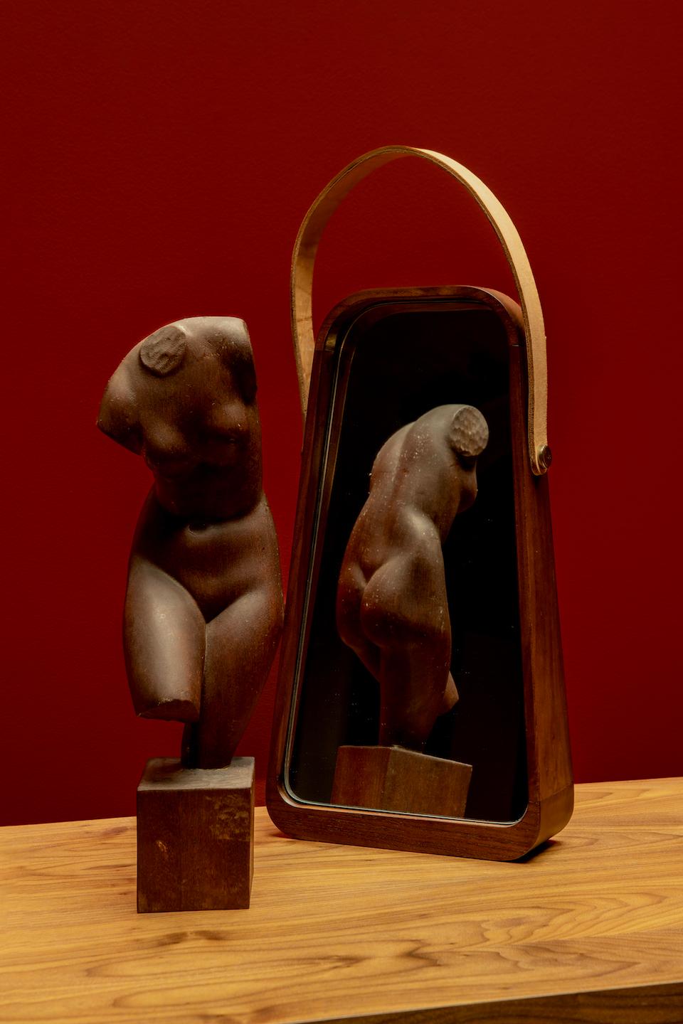 Specchio ZAZIE di Reda Amalou DESIGN - Legno di teak e pelle in vendita 4