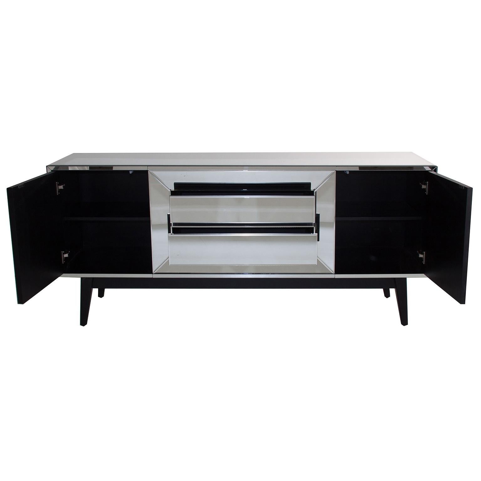 Contemporary Mirrored and Black Compas Feet Sideboard