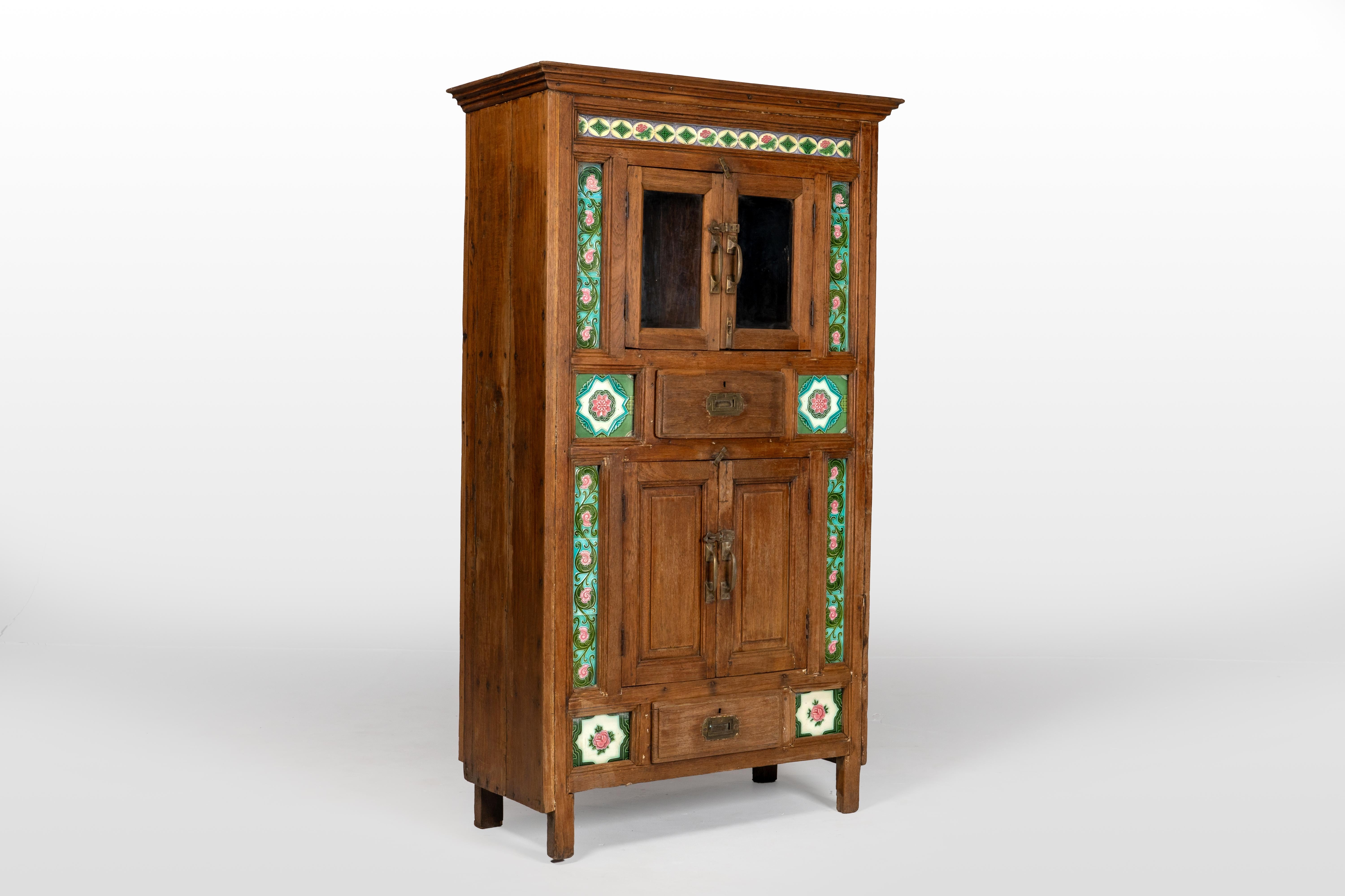 Teak A British Colonial Cabinet with Green Decorative Floral Tiles