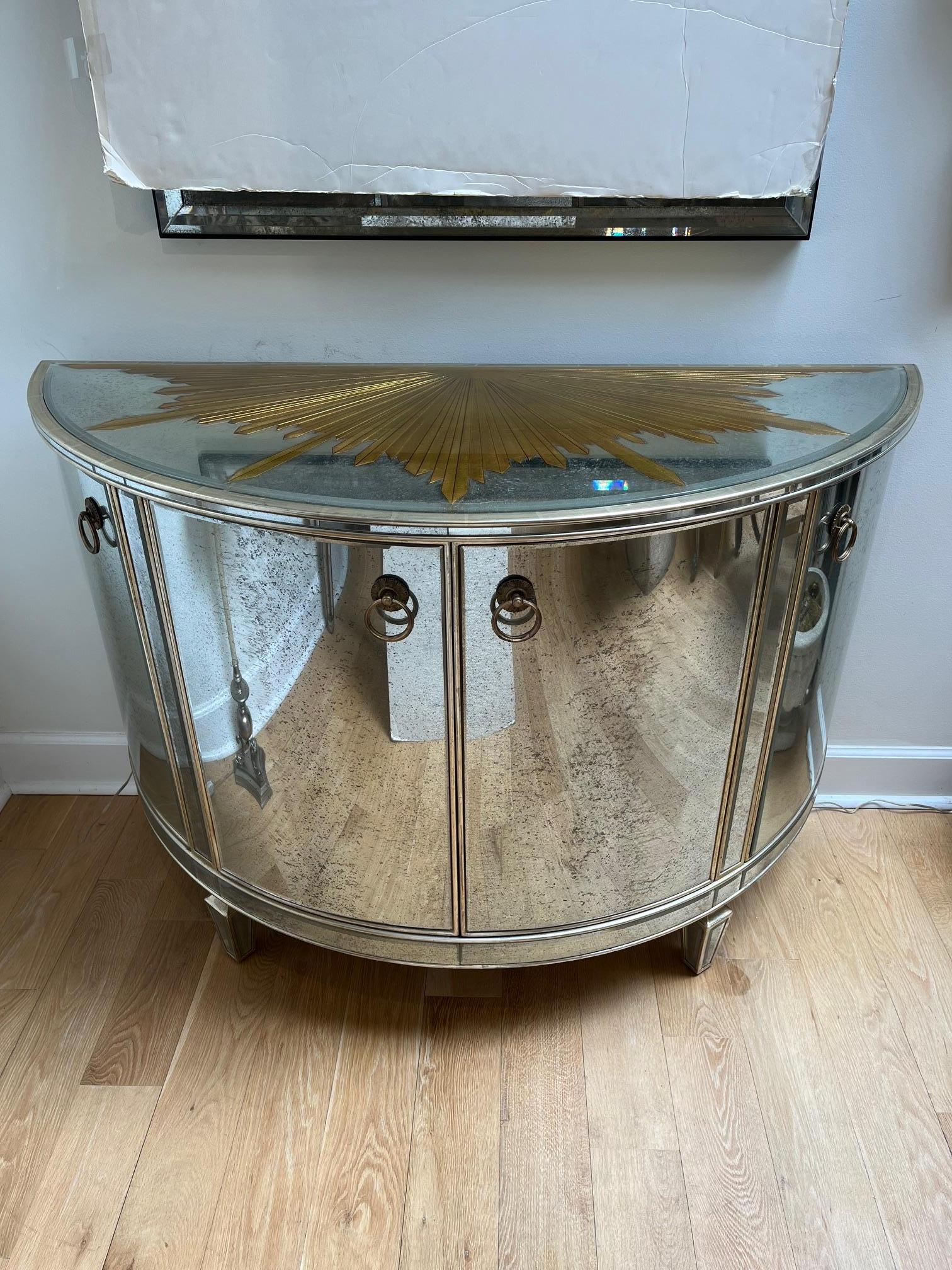 Mirrored Demi Lune Console with Starburst Gilded and Etched Element For Sale 3