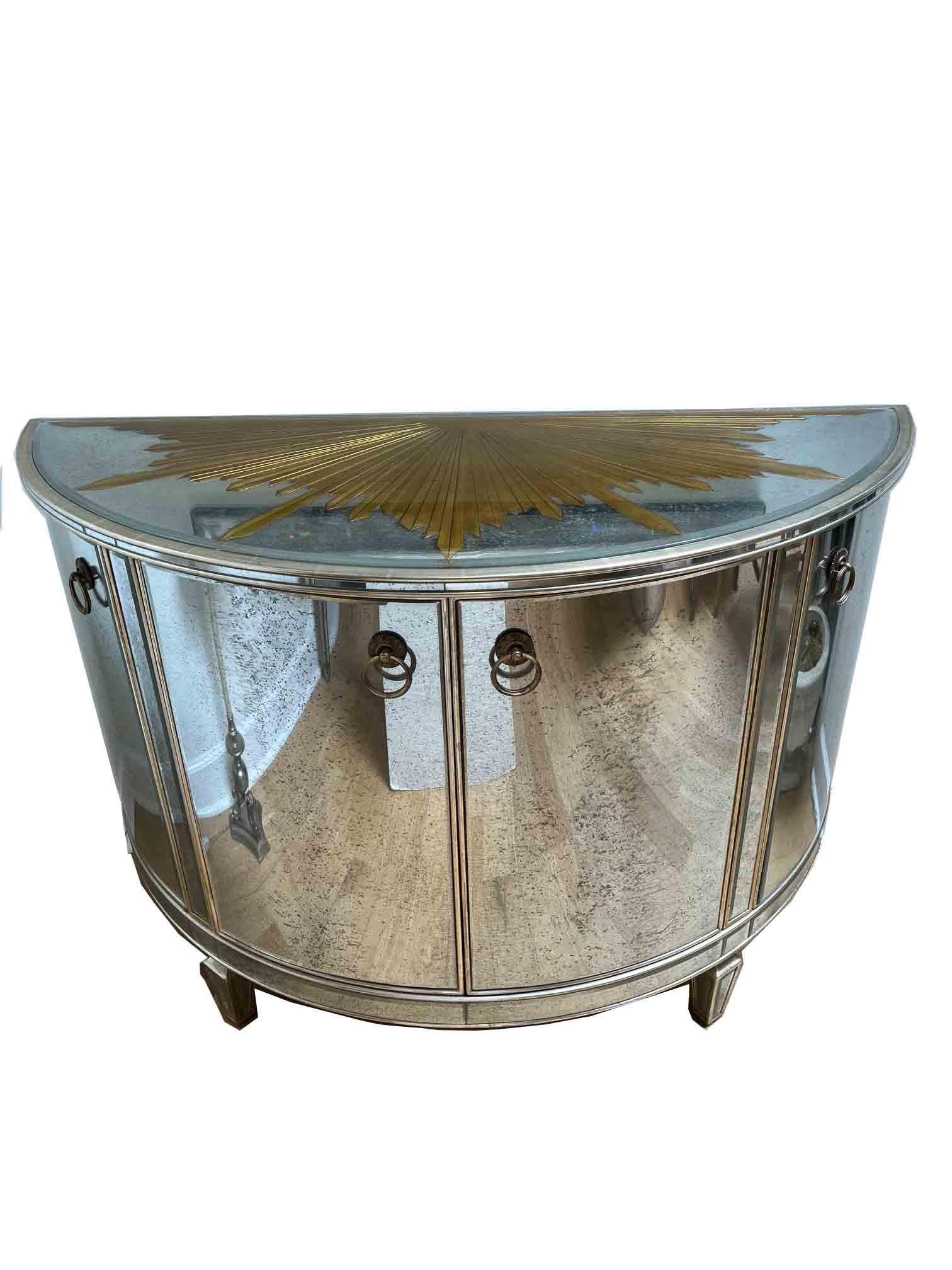 Mirrored Demi Lune Console with Starburst Gilded and Etched Element For Sale 3