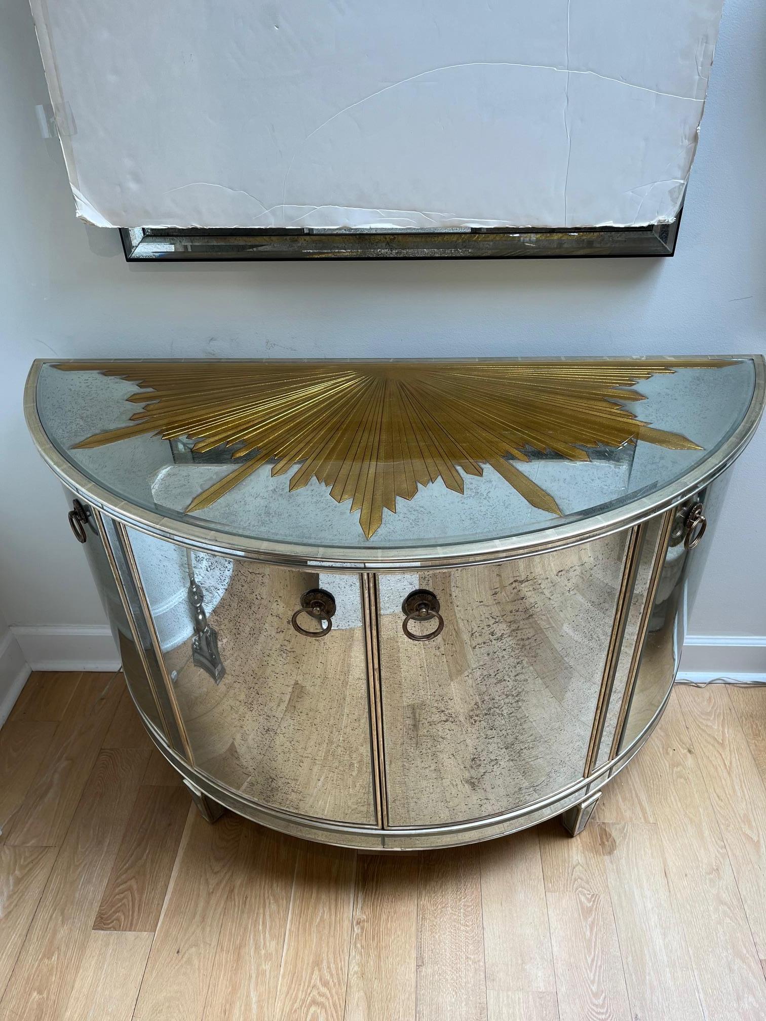 Mirrored Demi Lune Console with Starburst Gilded and Etched Element For Sale 7