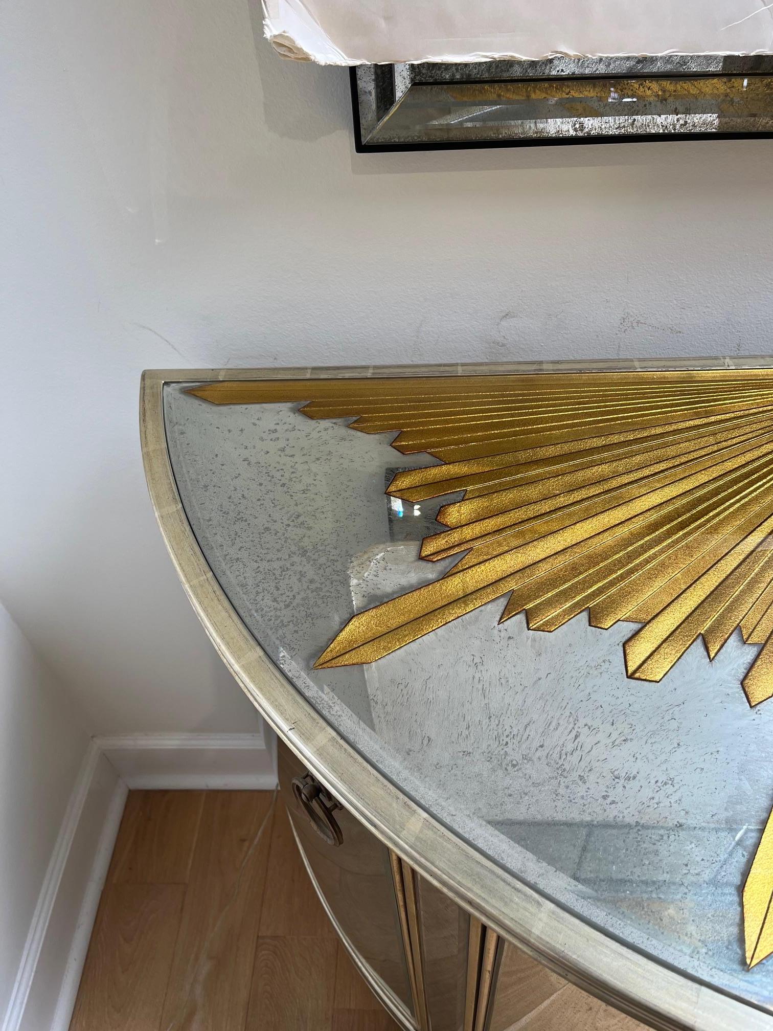 Mirrored Demi Lune Console with Starburst Gilded and Etched Element For Sale 8