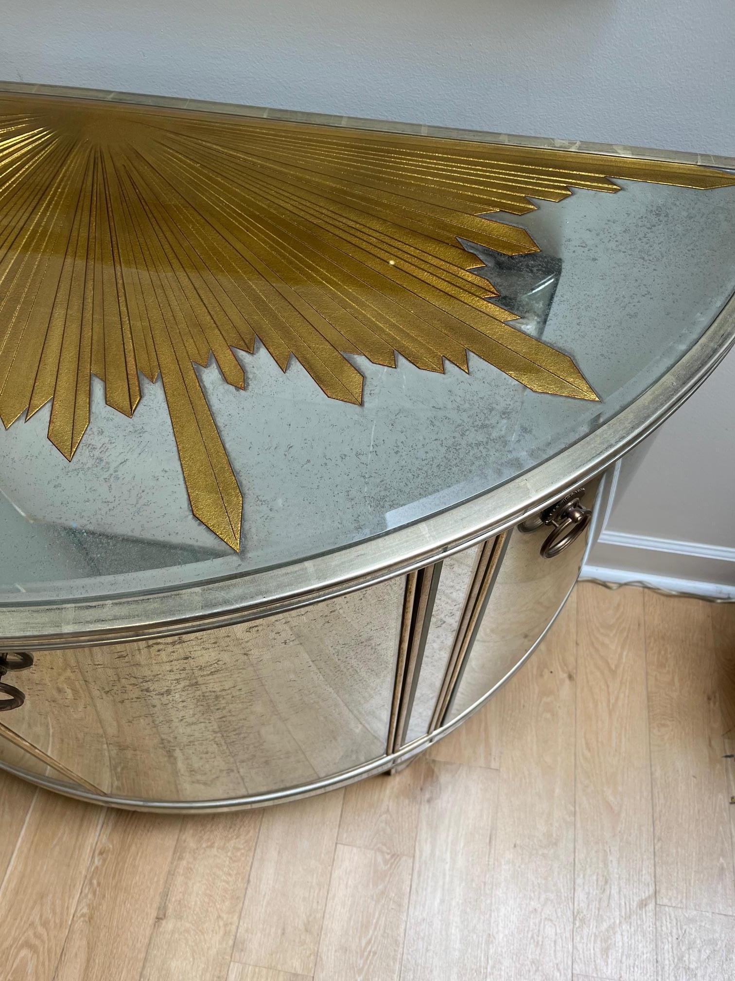 Brass Mirrored Demi Lune Console with Starburst Gilded and Etched Element For Sale