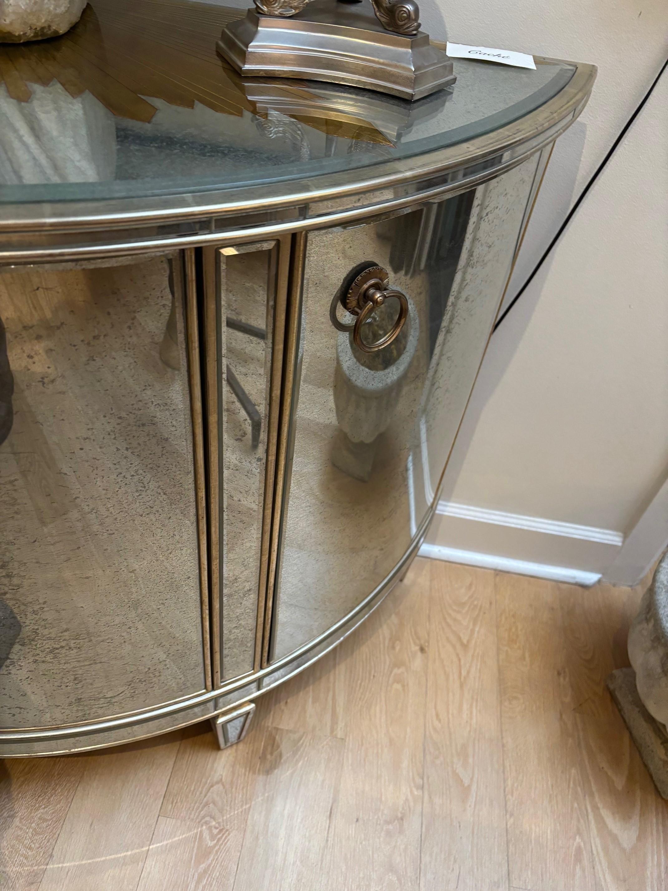 Mirrored Demi Lune Console with Starburst Gilded and Etched Element For Sale 1