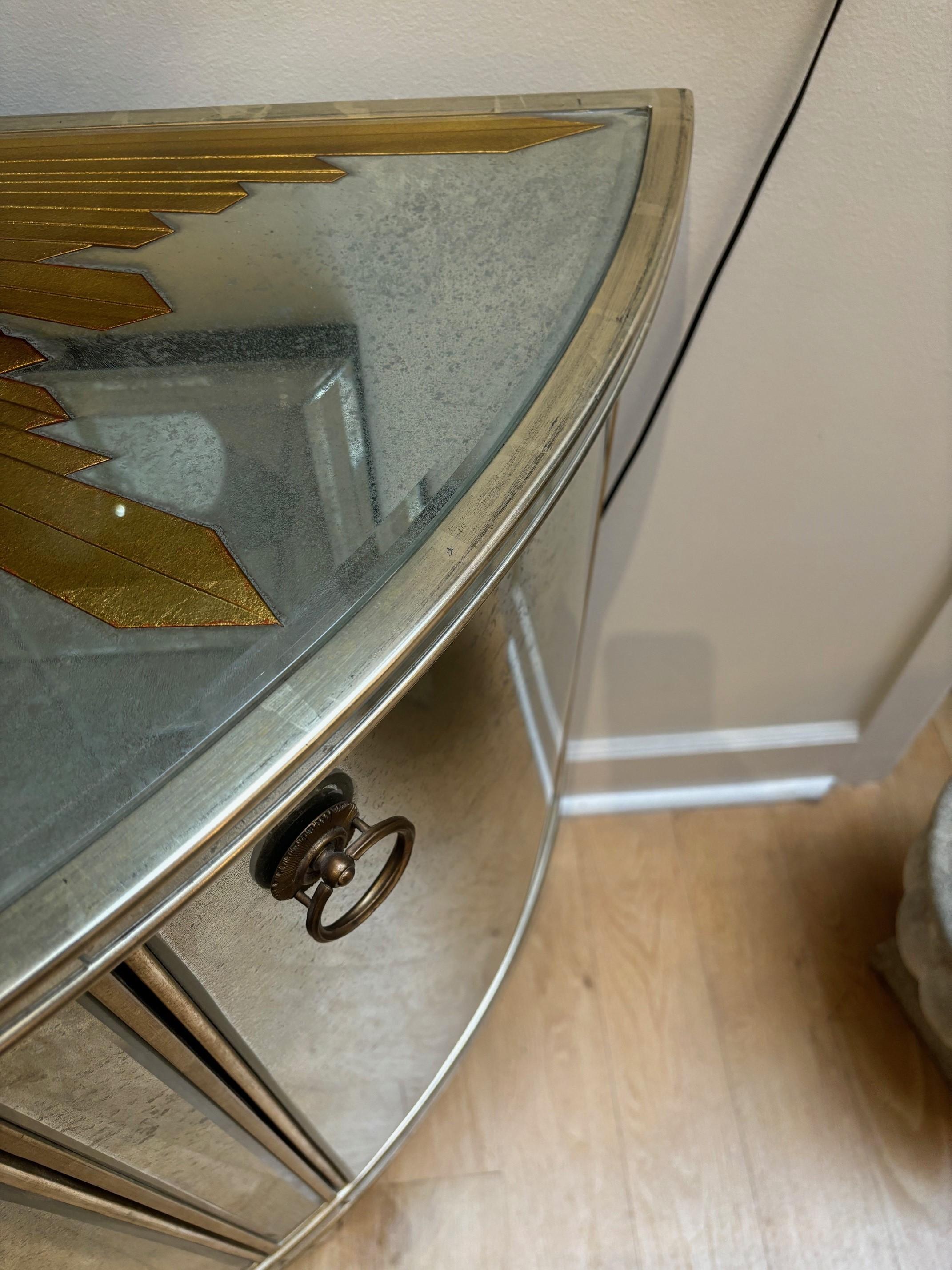 Mirrored Demi Lune Console with Starburst Gilded and Etched Element For Sale 2