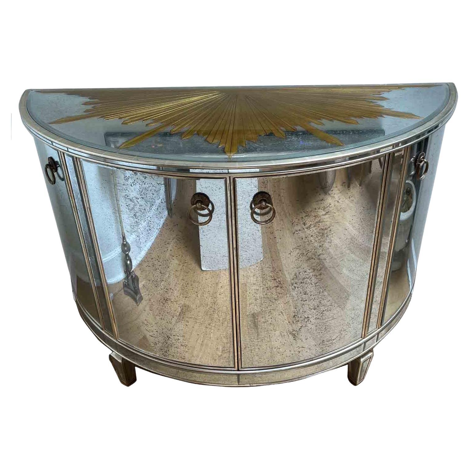 Mirrored Demi Lune Console with Starburst Gilded and Etched Element For Sale