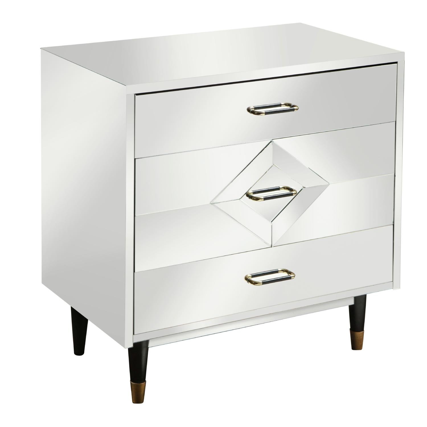 Single mirrored 3-drawer chest with diamond front accent on the center drawer, and black satin lacquered legs with brass sabots. Top and bottom drawers are 6