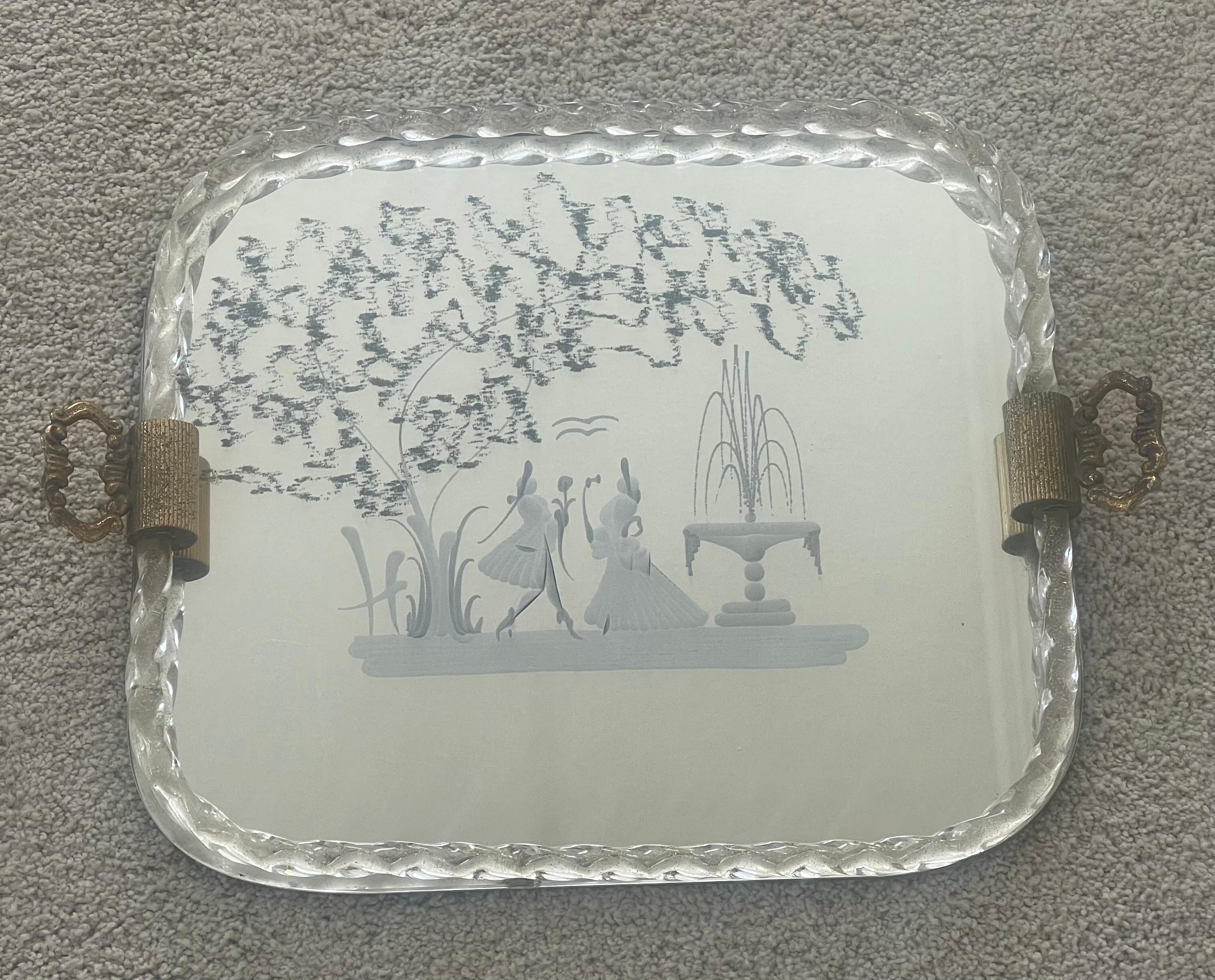 Mirrored Engraved Glass Serving Tray by Ercole Barovier for Murano Glass For Sale 9