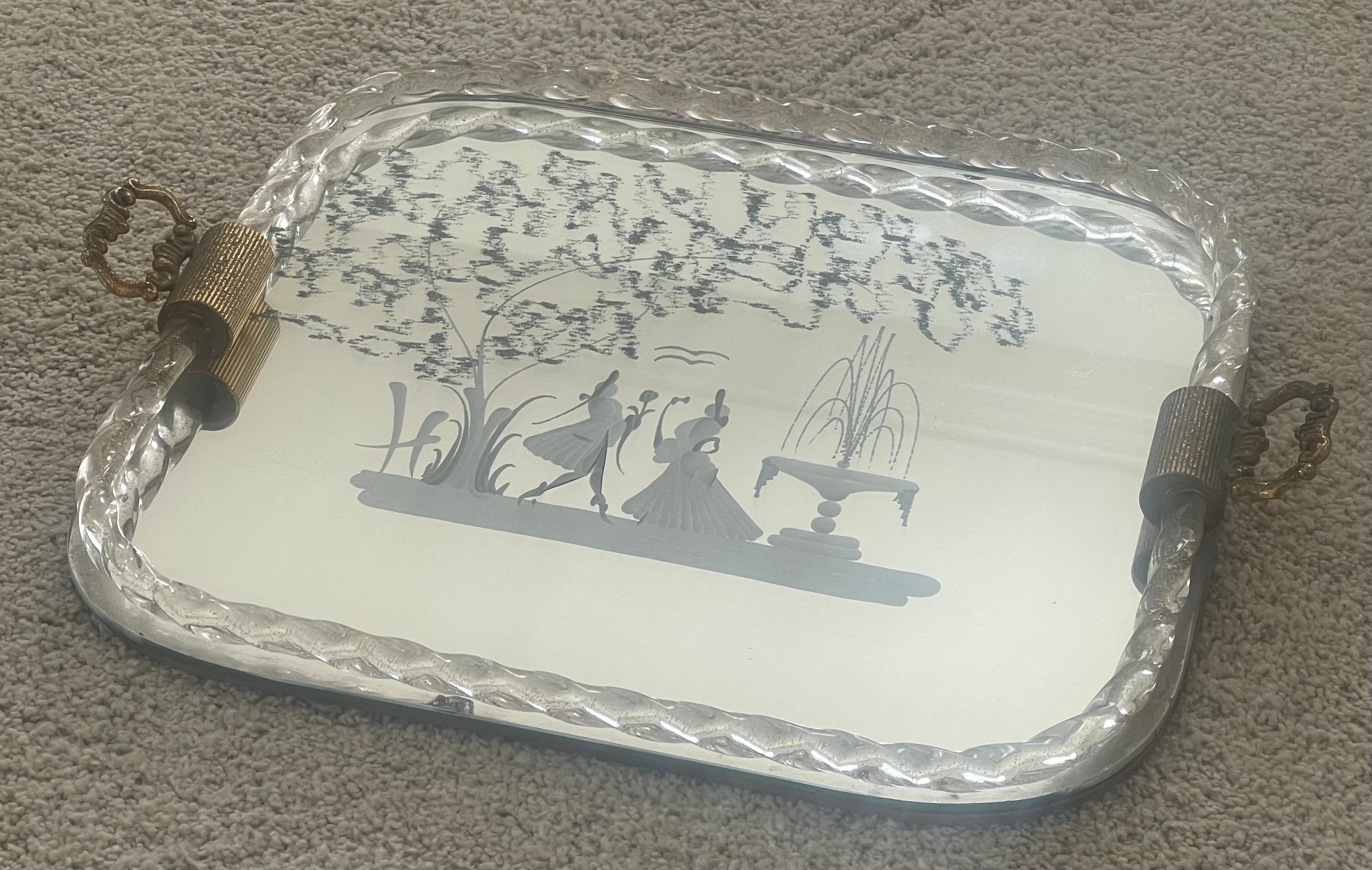 Italian Mirrored Engraved Glass Serving Tray by Ercole Barovier for Murano Glass For Sale