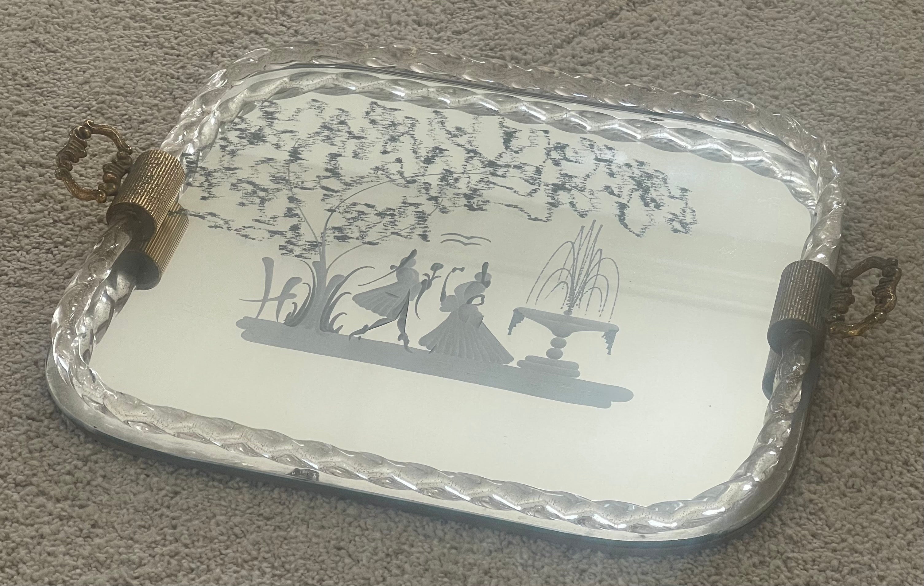 Bandeja para servir de cristal grabado espejado de Ercole Barovier para Murano Glass Italiano en venta