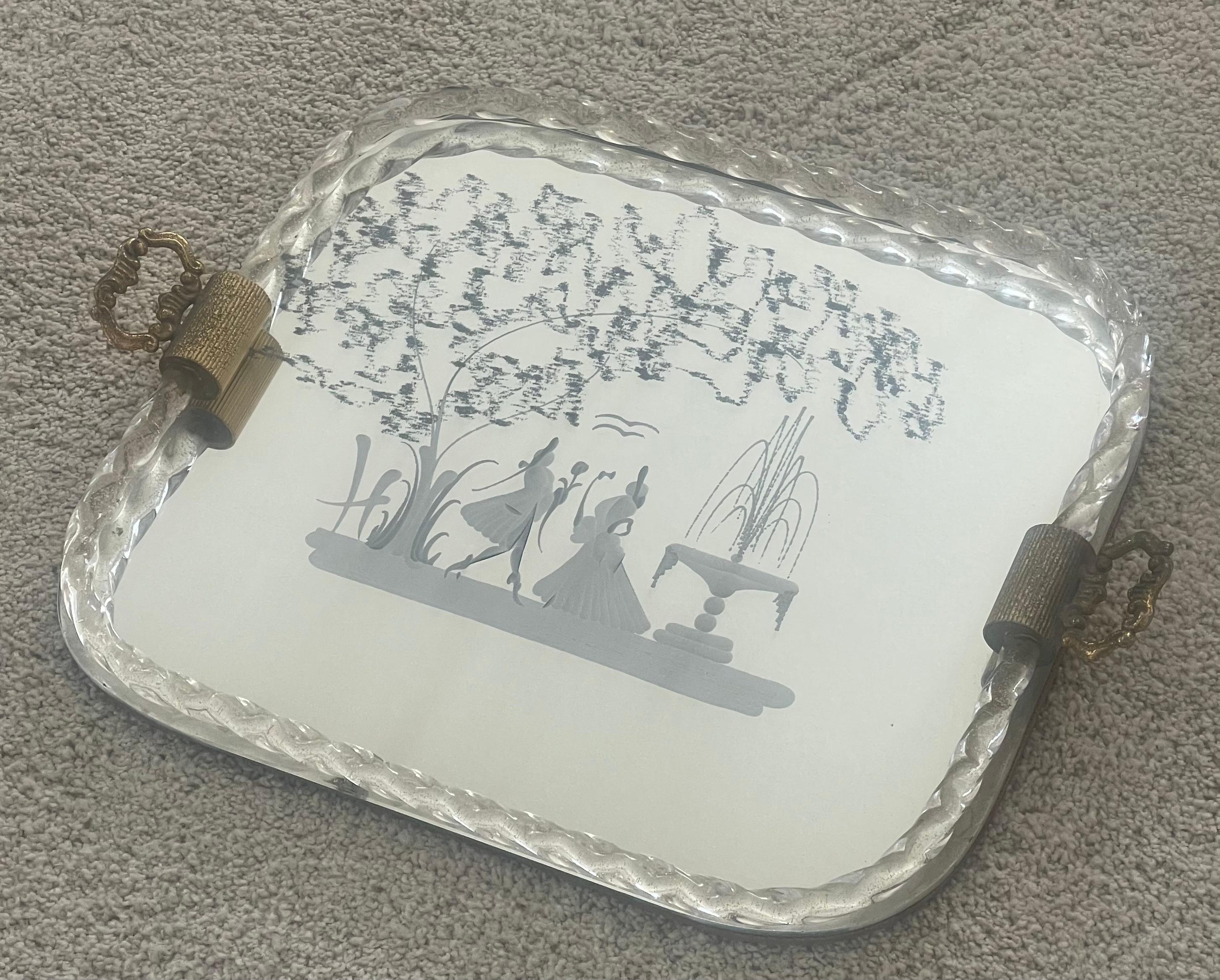 Mirrored Engraved Glass Serving Tray by Ercole Barovier for Murano Glass In Good Condition For Sale In San Diego, CA