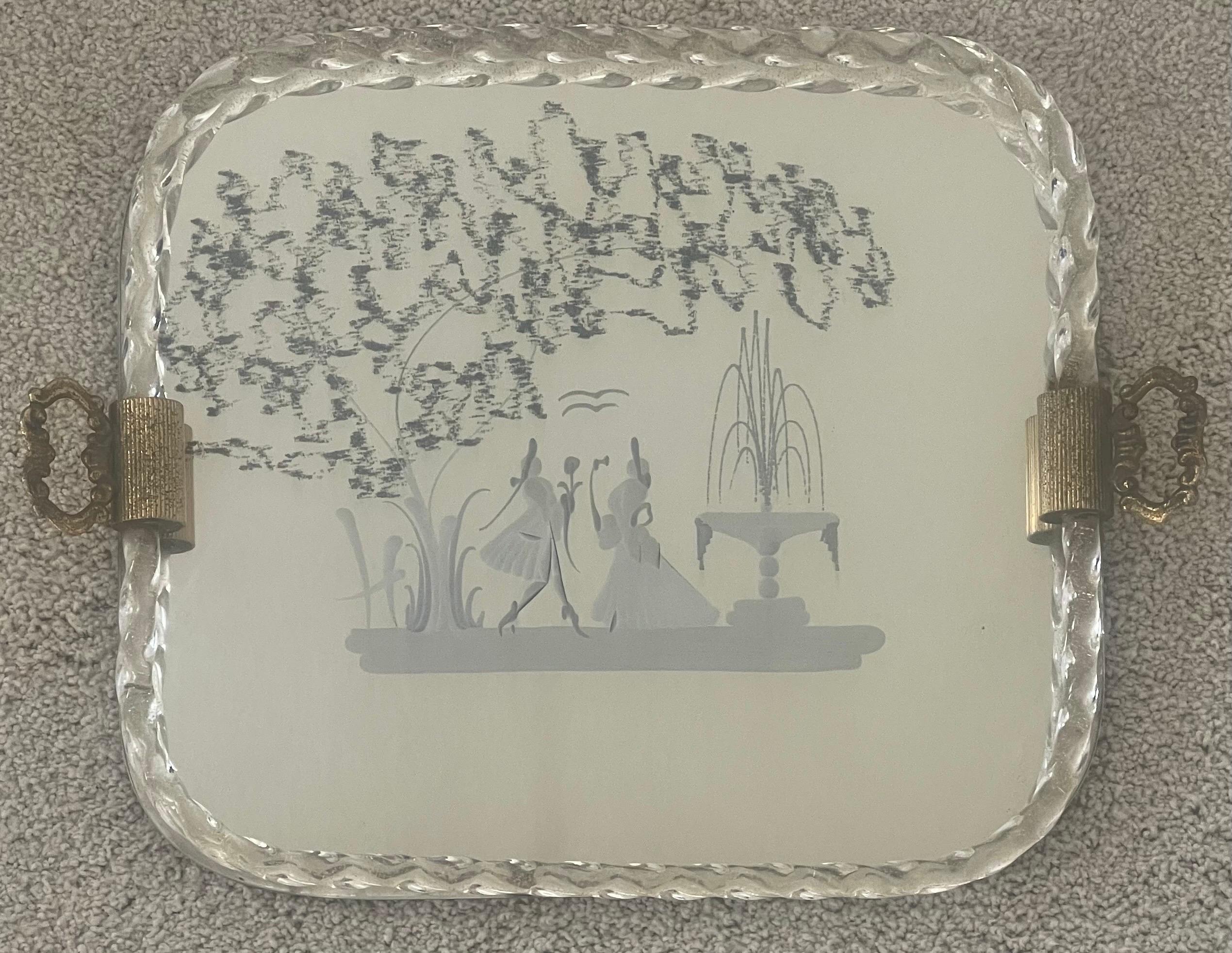 20th Century Mirrored Engraved Glass Serving Tray by Ercole Barovier for Murano Glass For Sale