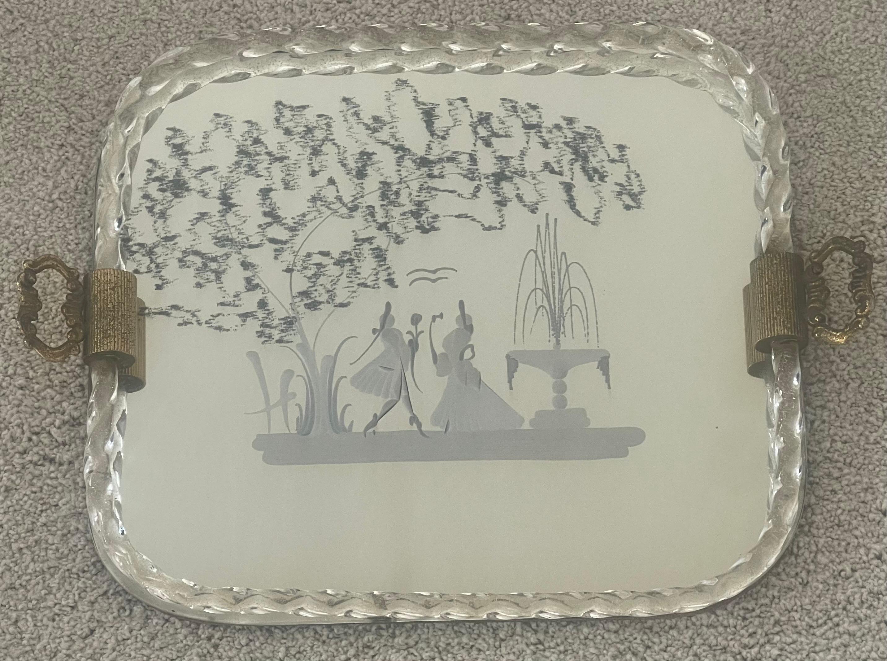 Mirrored Engraved Glass Serving Tray by Ercole Barovier for Murano Glass For Sale 1