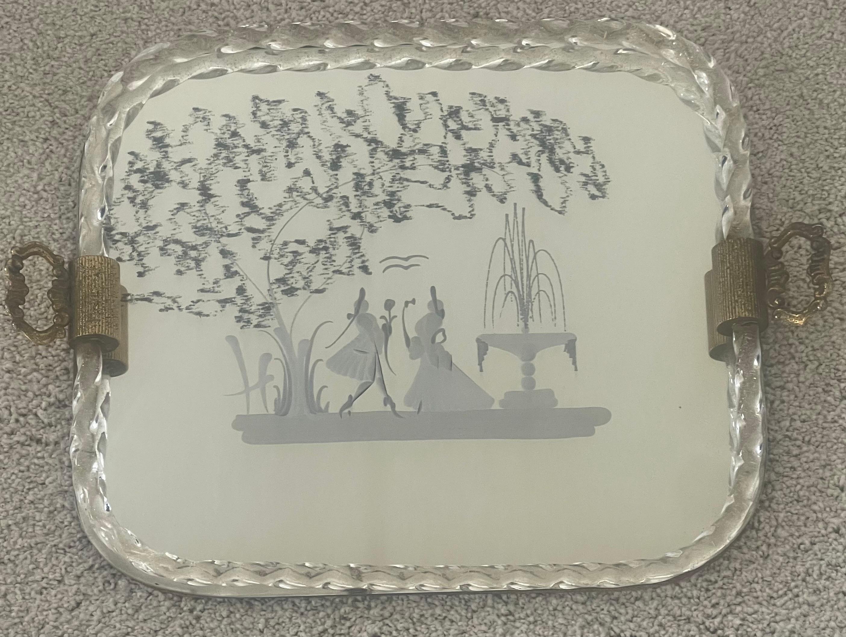 Mirrored Engraved Glass Serving Tray by Ercole Barovier for Murano Glass For Sale 2