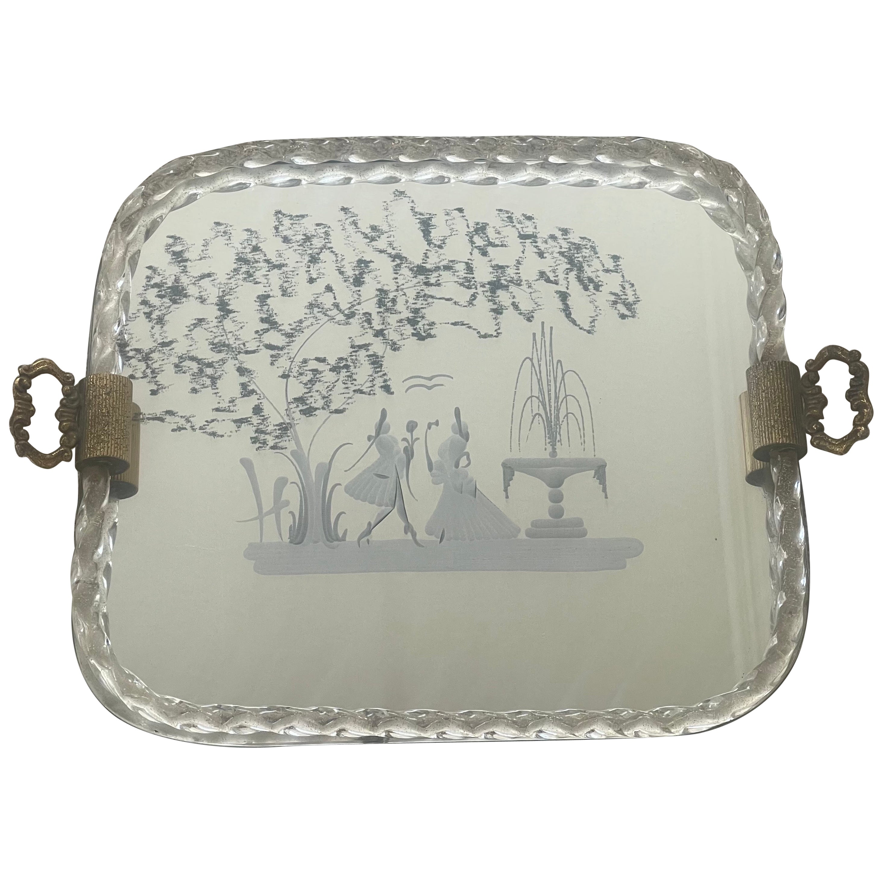 Verspiegeltes, graviertes Serviertablett aus Glas von Ercole Barovier für Muranoglas