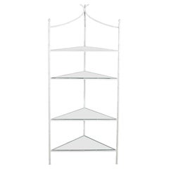 Mirrored Five Shelf White Faux Bamboo Corner Etagere
