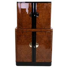 Mirrored French Art Deco Bar Cabinet in Burl Wood and Black Lacquer