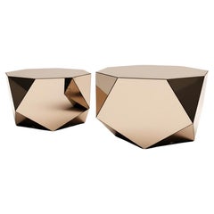 Mirrored Geometric Pair of Faceted Coffee Tables In Bronze Finish