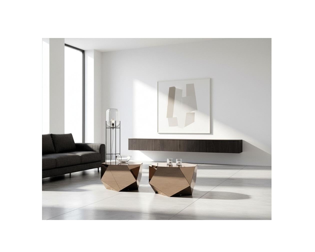 Modern Mirrored Geometric Pair of Faceted Coffee Tables In Bronze Finish For Sale