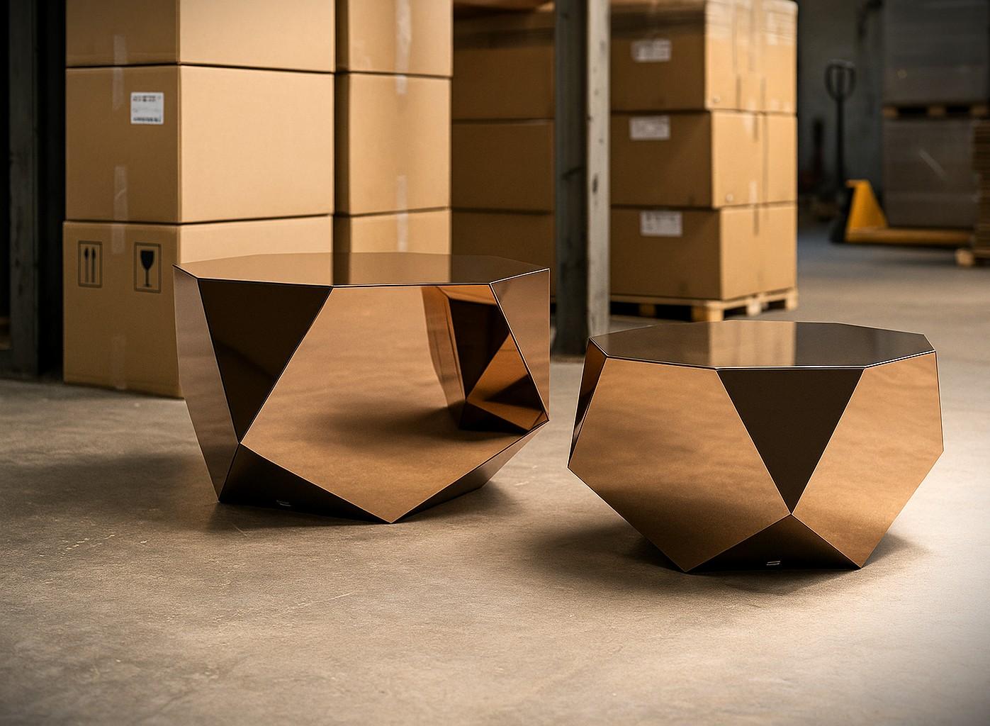 Portuguese Mirrored Geometric Pair of Faceted Coffee Tables In Bronze Finish For Sale