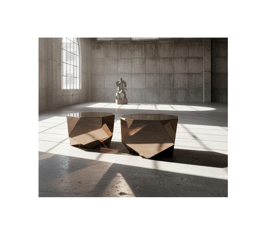Hand-Crafted Mirrored Geometric Pair of Faceted Coffee Tables In Bronze Finish For Sale