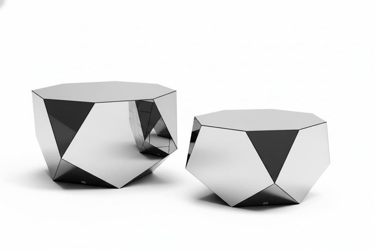 Mirrored Geometric Pair of Faceted Coffee Tables In Bronze Finish For Sale 1