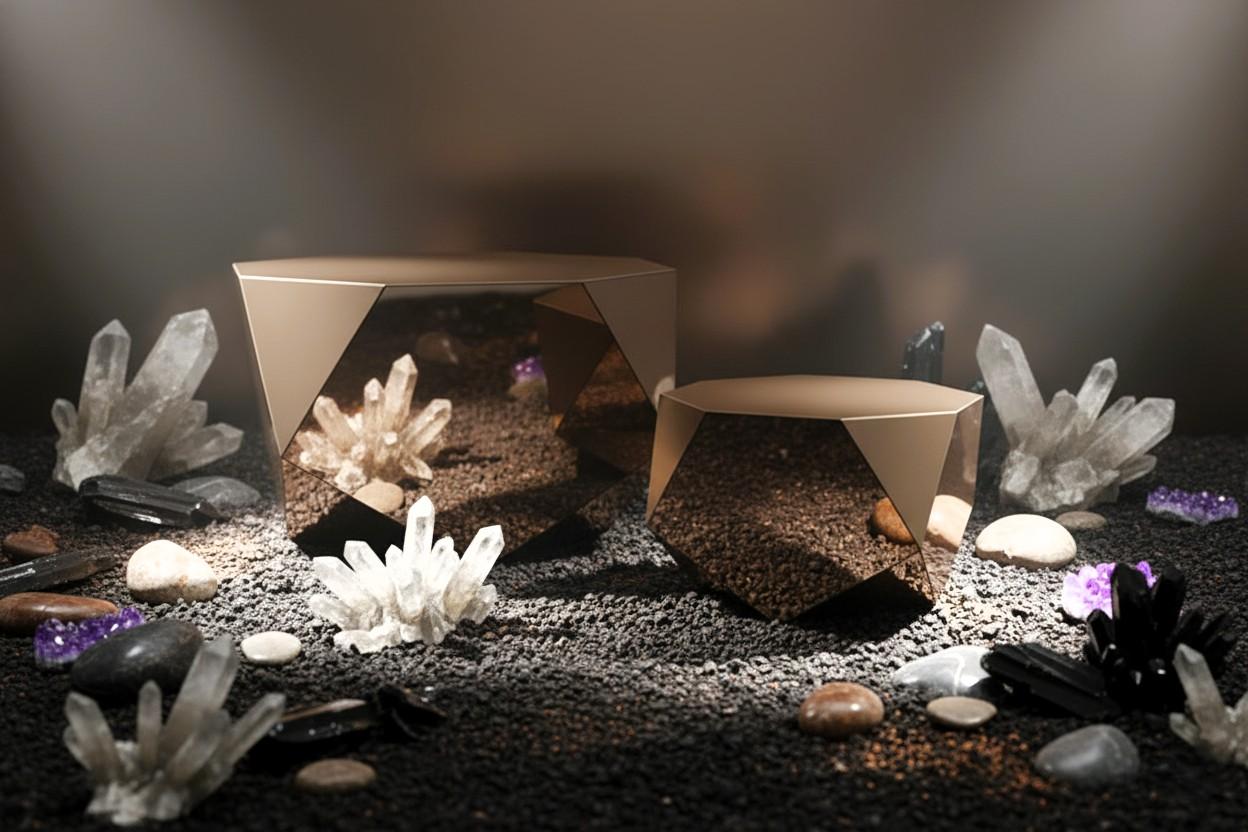 Contemporary Mirrored Geometric Pair of Faceted Coffee Tables In Crystal Finish For Sale