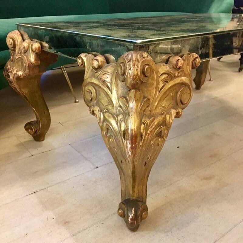 Mid-Century Modern Mirrored Glass Coffee Table with Carved Wooden Gold Legs, 1900s
