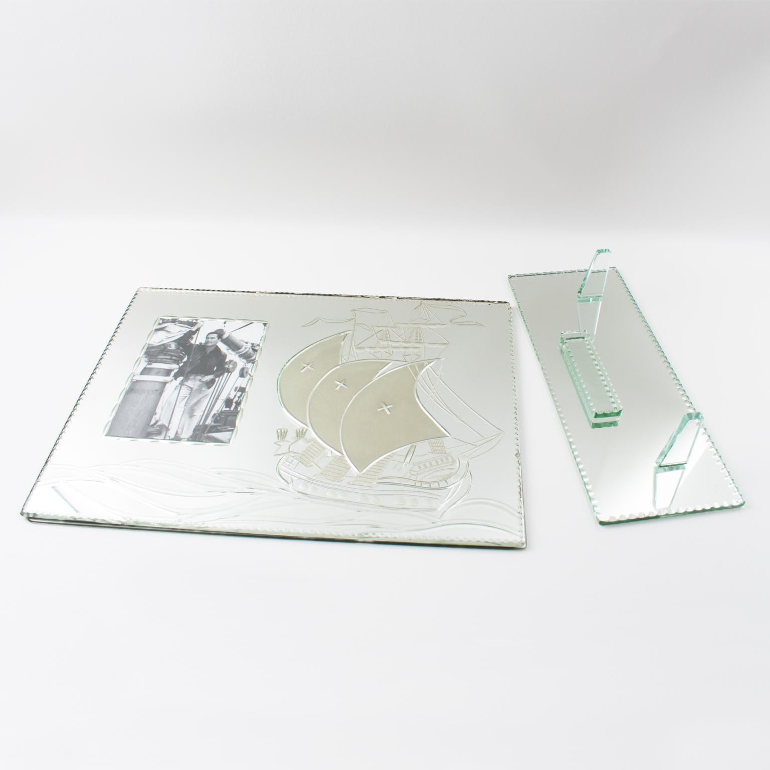 Mirrored Glass Picture Frame with Etched Sailing Ship, 1940s For Sale 5