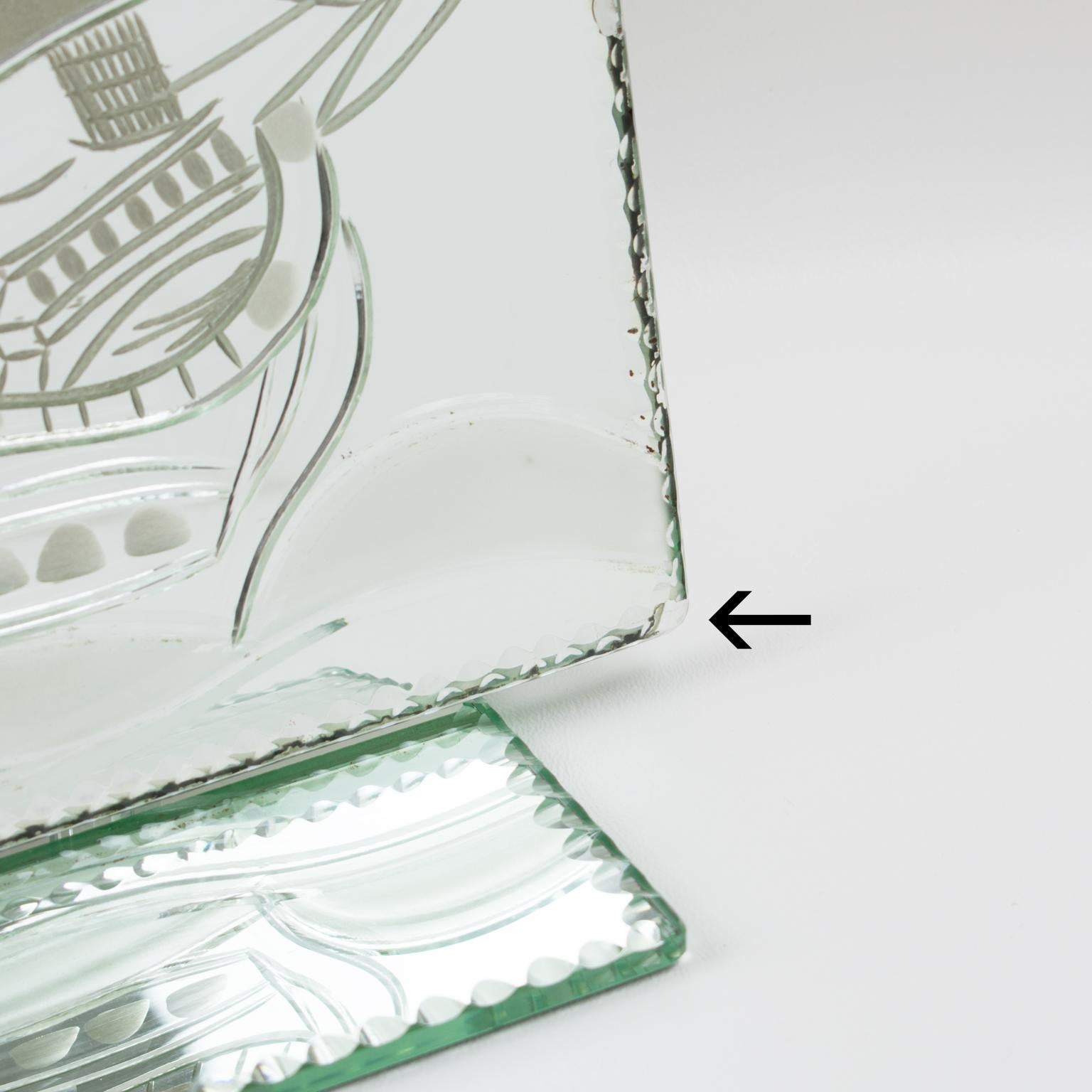 Mirrored Glass Picture Frame with Etched Sailing Ship, 1940s For Sale 6
