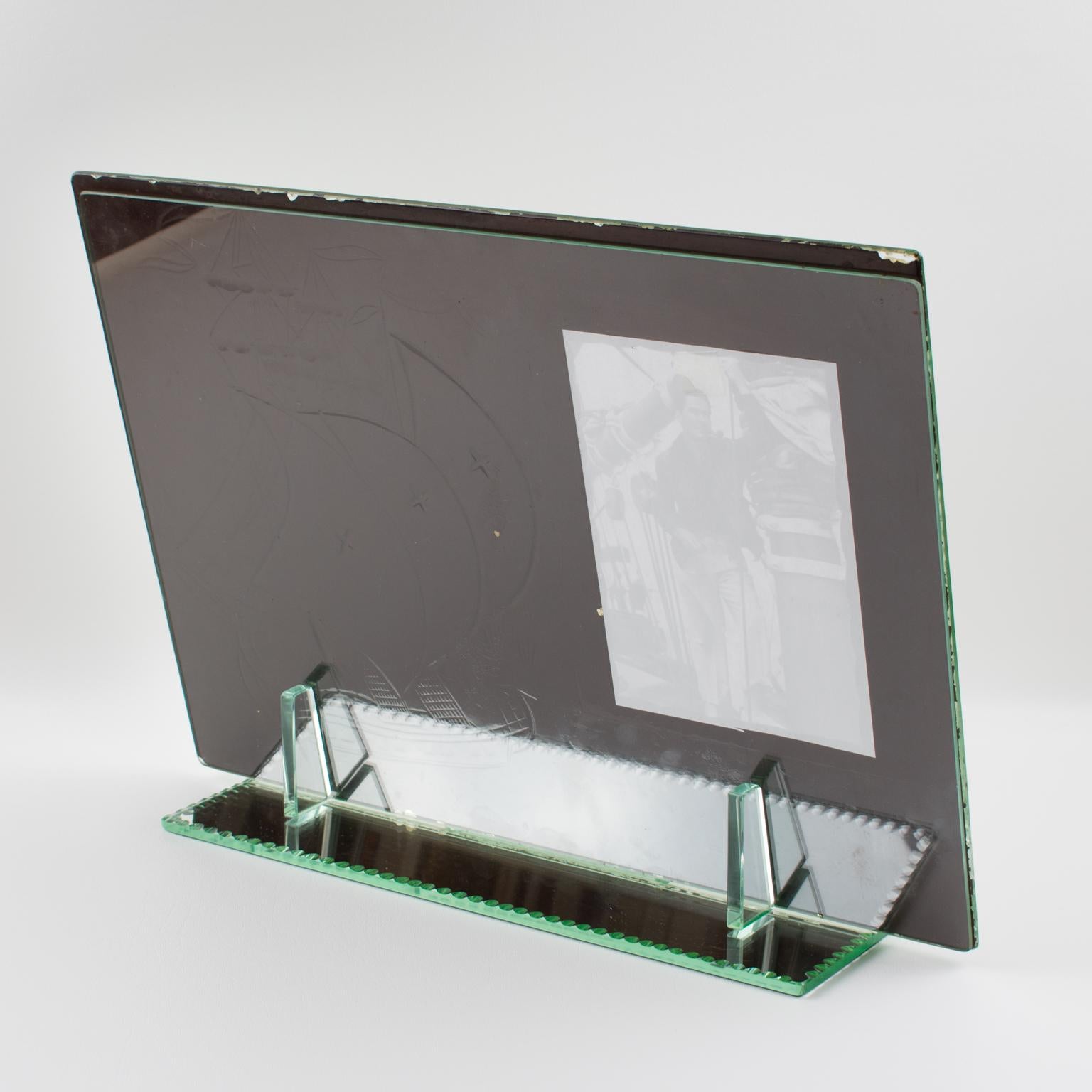 Mirrored Glass Picture Frame with Etched Sailing Ship, 1940s In Good Condition For Sale In Atlanta, GA