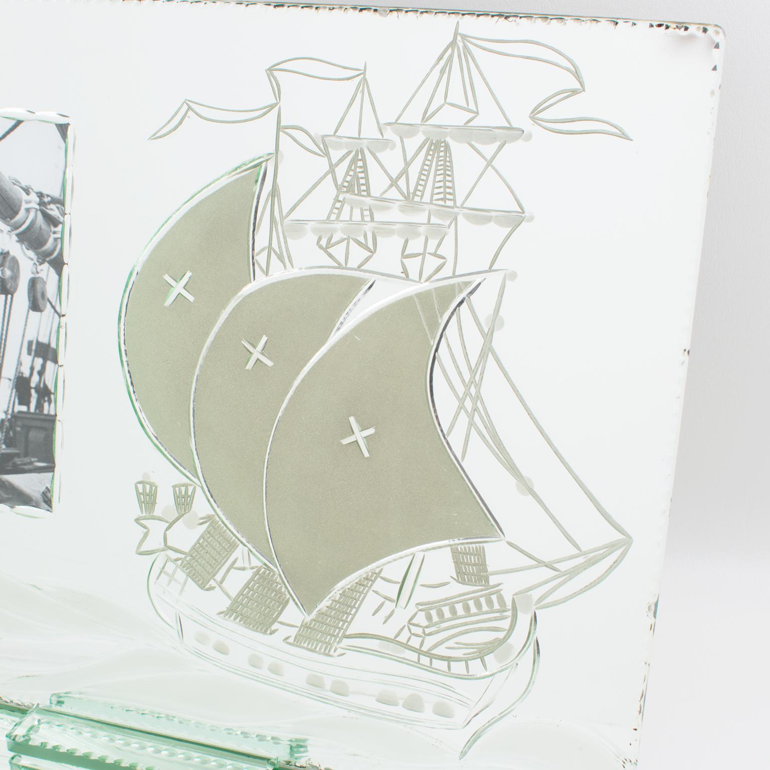 Mid-20th Century Mirrored Glass Picture Frame with Etched Sailing Ship, 1940s For Sale
