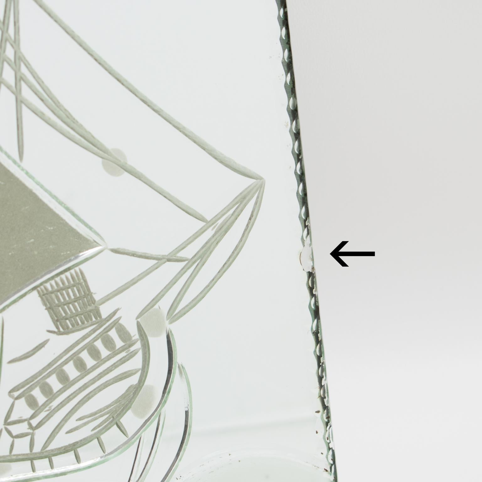 Marco de fotos de cristal espejado con velero grabado, años 40 mediados del siglo XX en venta