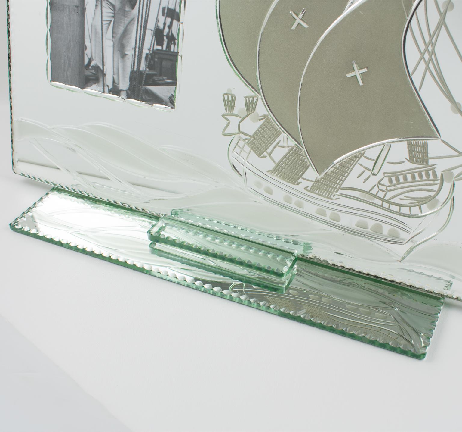 Mirrored Glass Picture Frame with Etched Sailing Ship, 1940s For Sale 1