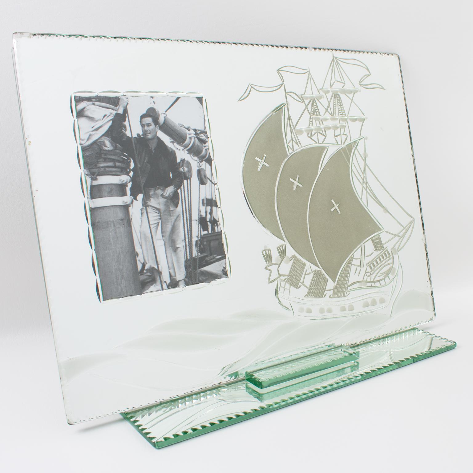 Mirrored Glass Picture Frame with Etched Sailing Ship, 1940s For Sale 3