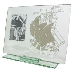 Mirrored Glass Picture Frame with Etched Sailing Ship, 1940s