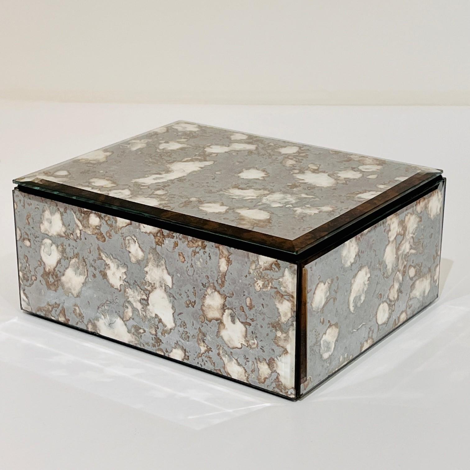 Hollywood Regency Mirrored Jewelry Box in Antique Grey and Bronze Glass, c. 1980's For Sale