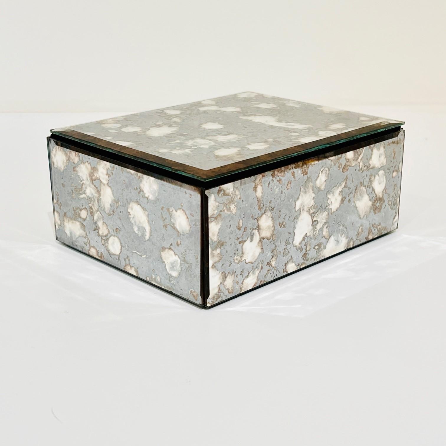 Velvet Mirrored Jewelry Box in Antique Grey and Bronze Glass, c. 1980's For Sale