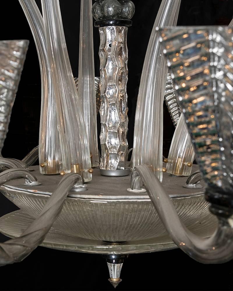 Mirrored Murano Chandelier 12 Arms, Clear Glass Horns, 1950s 3