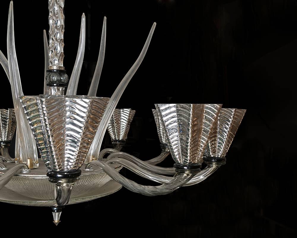 Mirrored Murano Chandelier 12 Arms, Clear Glass Horns, 1950s 5